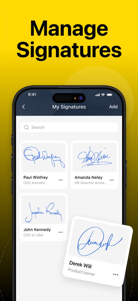 e Signature Scanner, Sign PDF - Users can efficiently manage multiple digital signatures from the "My Signatures" screen, displaying each signature as a distinct card with associated names and titles.