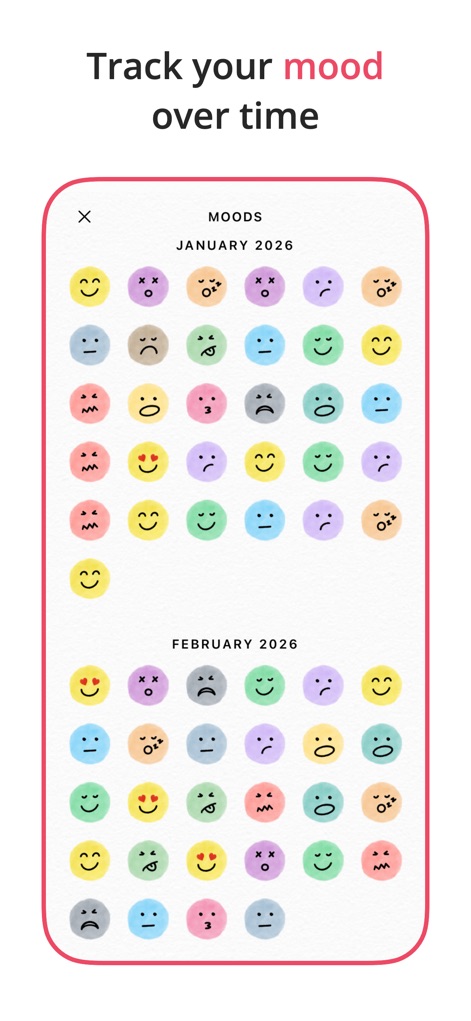 2026 Planner & Agenda - Floret - Review the comprehensive mood tracking feature, visually representing emotional trends across months and displaying a full grid of daily mood emojis.