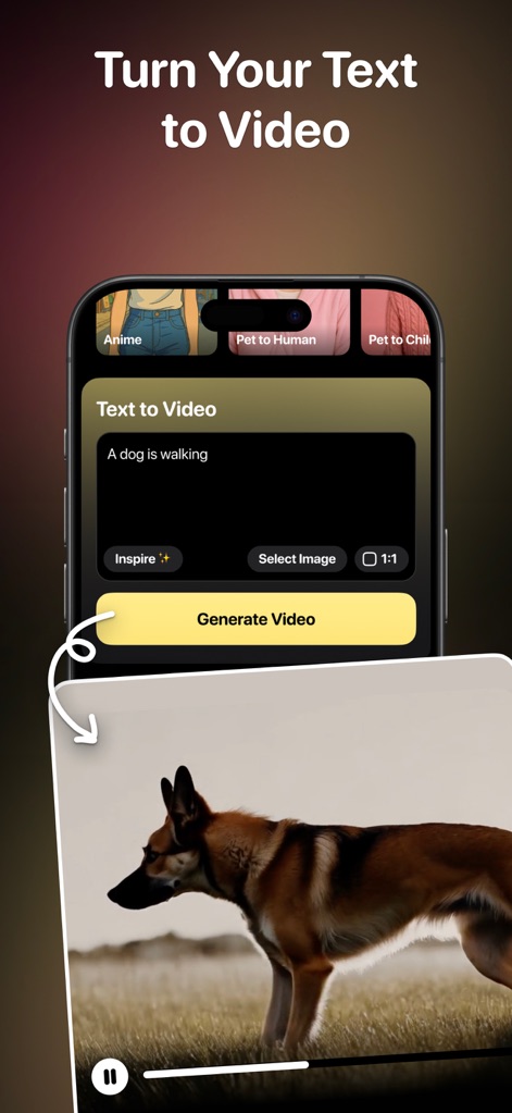 CloneAI - AI Video Generator - Convert descriptive text like 'A dog is walking' into dynamic videos, featuring a clear text input field and a prominent 'Generate Video' button.