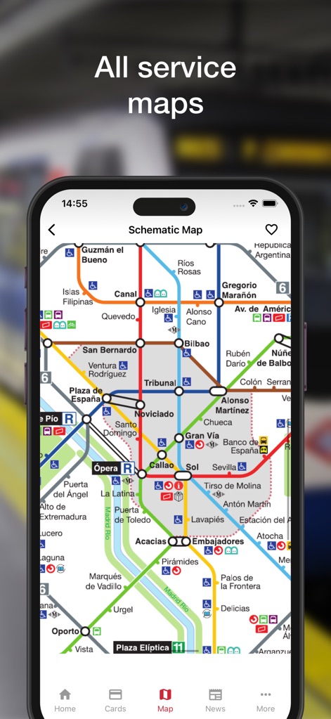 Madrid Transport - TTP - The app offers detailed schematic maps of the entire transport network, allowing users to visualize interconnected metro lines and key station locations.