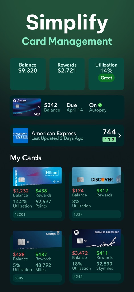 MaxRewards: Rewards & Cashback - This display provides a comprehensive summary of financial metrics, including "Balance" and "Rewards," alongside individual card details like the "American Express" card and its "744" rewards.