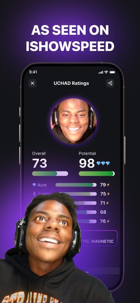 UCHAD: See Your Potential - The app leverages social proof, displaying an endorsement from "ISHOWSPEED" alongside a detailed breakdown of facial metrics for another user profile.