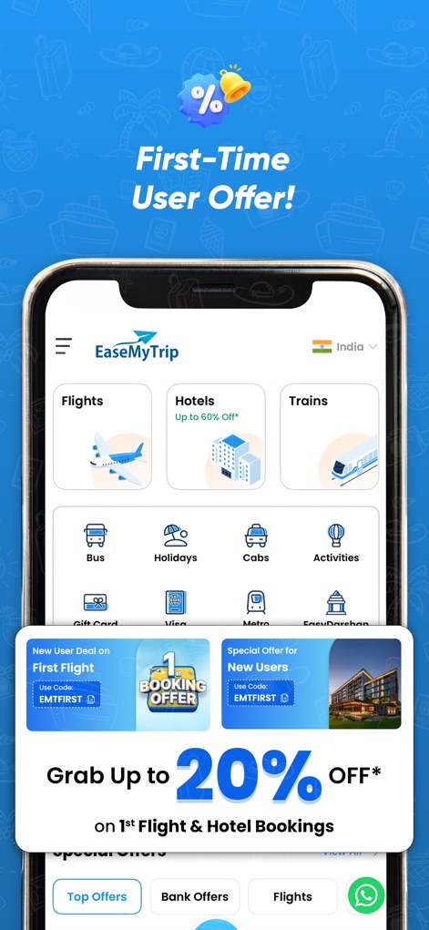 EaseMyTrip Flight, Hotel, Bus - Observe the app's strategy for new users, featuring a clear "First-Time User Offer!" and dedicated deal cards for initial flight and hotel bookings.