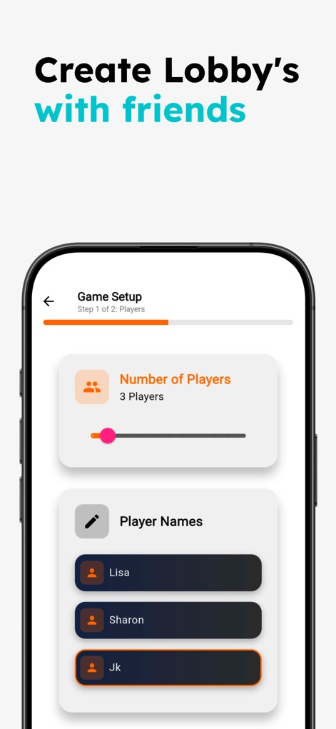 Perfect Match: Headsynch - Users can easily set up group games by adjusting the player count with a slider and customizing player names in editable input fields.