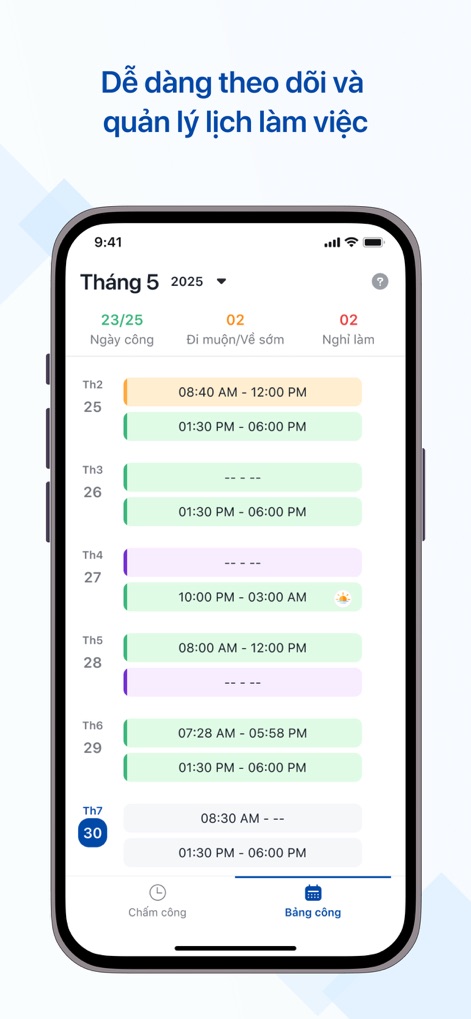 HanoiWork - Review the comprehensive work scheduling tool, displaying daily work schedules with precise timings and a monthly overview of key attendance metrics.