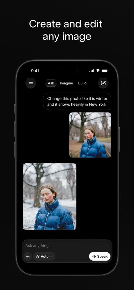 Grok AI App Store screenshot 1, headline “Create and edit any image”. Dark.