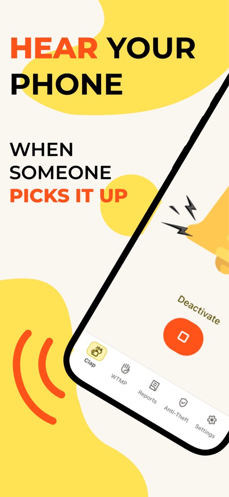 AntiLost - Clap to Find Phone - This tool activates a loud alarm when the phone is moved, clearly shown by the animated ringing phone and the option to 'Deactivate' the feature.