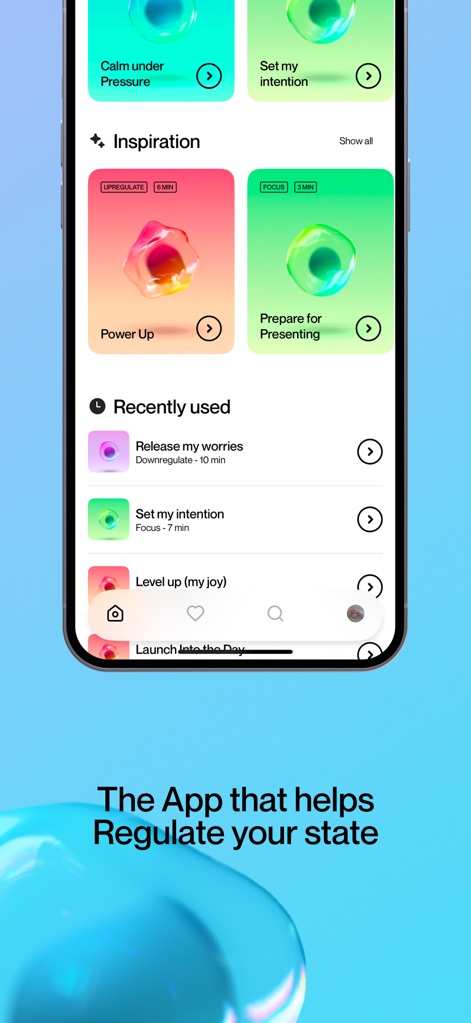 Regulate: Breathwork for Focus - Les utilisateurs découvrent une navigation intuitive avec des sections "Inspiration" et "Recently used", proposant des sessions comme "Power Up" pour dynamiser et "Prepare for Presenting" pour se préparer aux défis professionnels.