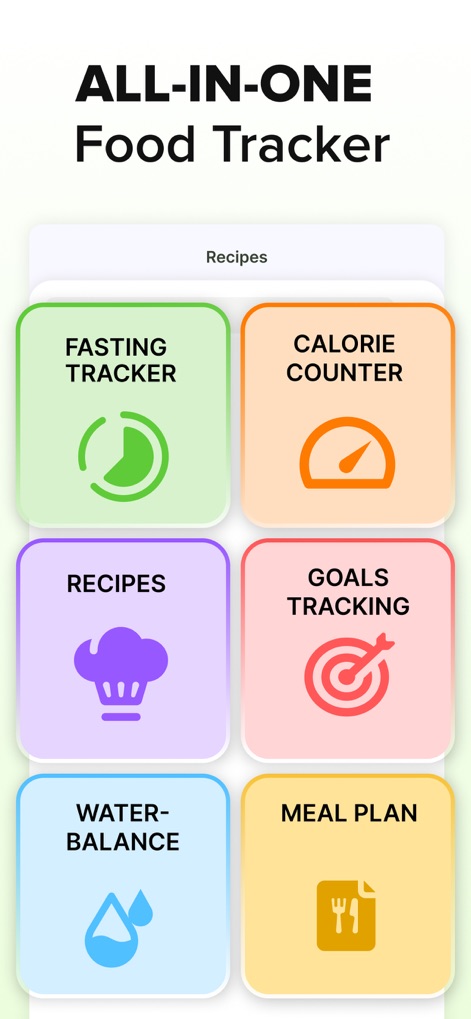 ‎Calorie Counter: Food Tracker - La interfaz presenta un centro de control completo, con acceso rápido a funciones clave como el 'Fasting Tracker' y el 'Meal Plan', ofreciendo una visión holística de la gestión de la salud.