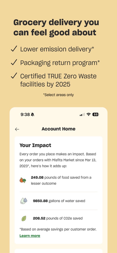 Misfits Market Grocery App - Users can proudly view their personal "Your Impact" metrics, detailing "pounds of food saved" and "gallons of water saved", alongside the app's commitment to "Lower emission delivery" and sustainability.