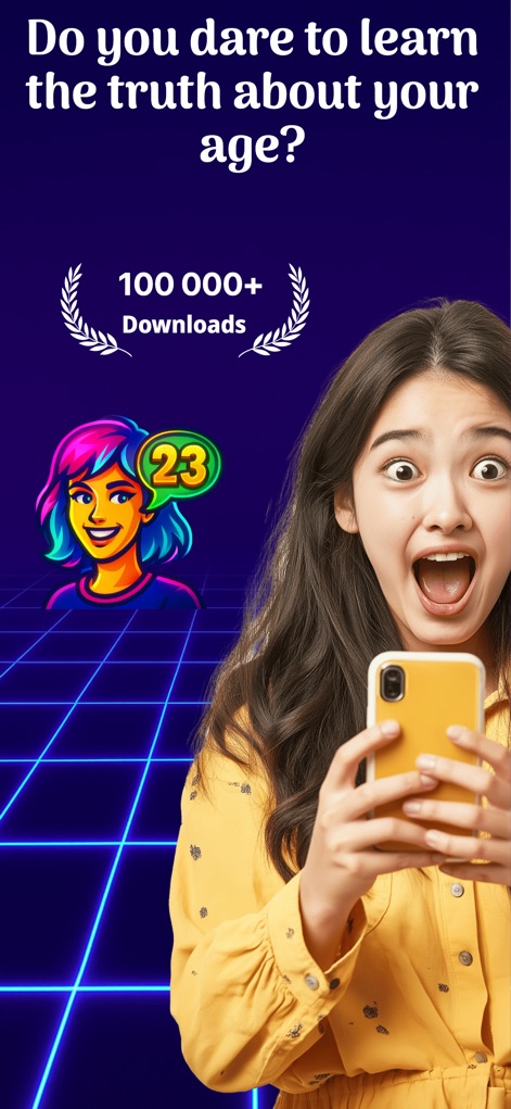 Estimate my Age - This screen introduces the app's intriguing challenge and highlights its popularity with the "100 000+ Downloads" badge, while the stylized "23" avatar sets a playful tone.