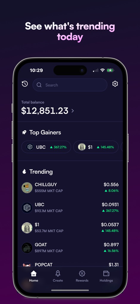 Moonshot - The app's dashboard clearly displays trending memecoins and top gainers, offering users a quick overview of market movements and their total balance.