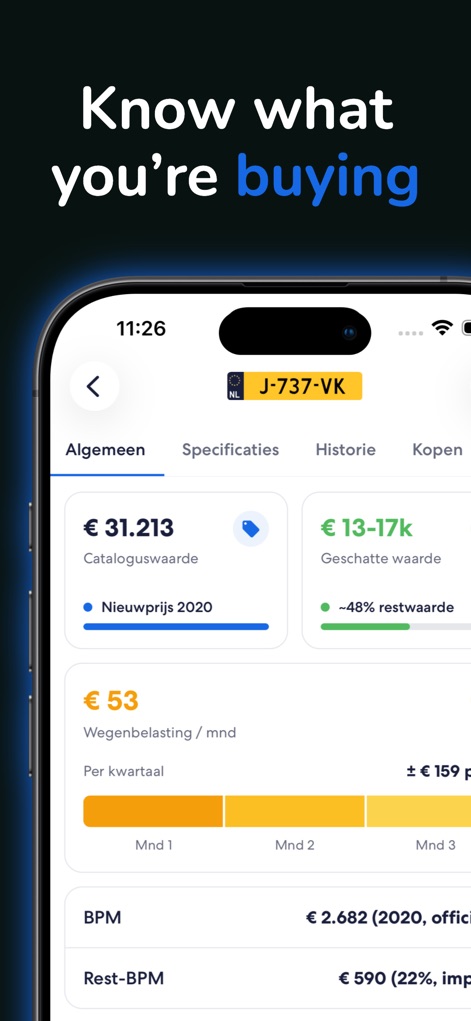 Qenteken - Kenteken Check - This tool provides crucial financial insights, including the original list price and current market valuation, alongside detailed road tax and BPM calculations.