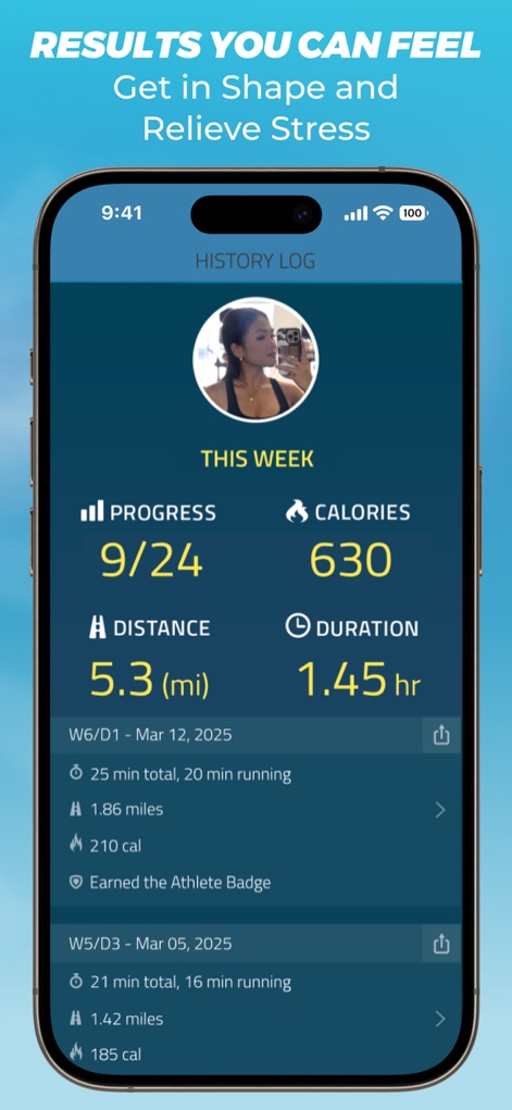 5K Runner: couch potato to 5K - Review the detailed history log displaying "PROGRESS" and "CALORIES" data, alongside earned achievement badges.