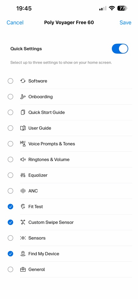 HP Poly Studio Mobile - Esta pantalla permite a los usuarios personalizar los accesos rápidos en la pantalla de inicio, utilizando un selector de ajustes rápidos y casillas de verificación para seleccionar hasta tres funciones preferidas.