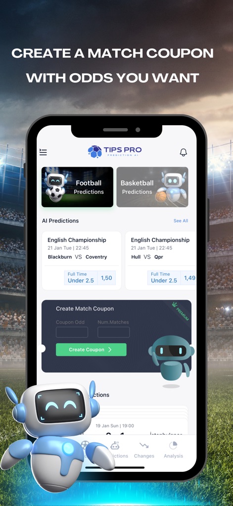 TipsPro AI: Match Prediction - L'application permet de générer des coupons de paris personnalisés en sélectionnant les prédictions football et basketball basées sur l'IA, ou de créer des coupons depuis la section dédiée.