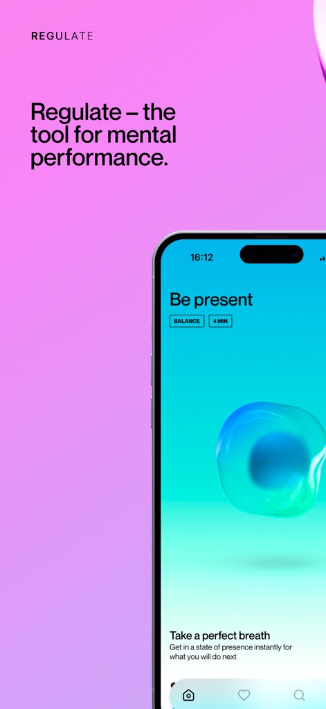Regulate: Breathwork for Focus - Découvrez l'interface épurée de Regulate, conçue pour vous aider à "être présent" et à optimiser votre état mental en temps réel avec des sessions "Balance".