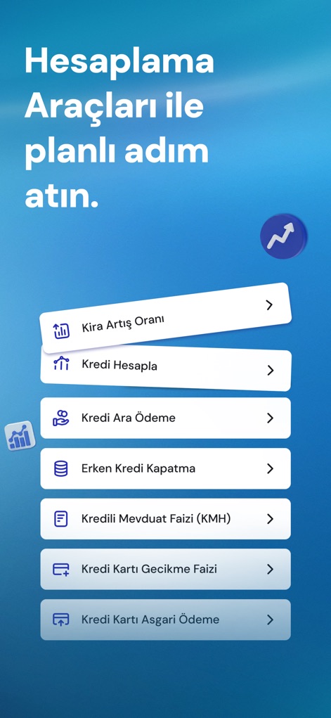 Findeks: Kredi Notu - The app provides a suite of practical calculation tools for various financial planning needs, including options for 'Kredi Hesapla' (Loan Calculation) and 'Kredi Kartı Gecikme Faizi' (Credit Card Late Payment Interest).