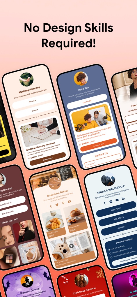 Linkbio - Link in Bio Builder - Nutzer können aus einer breiten Palette von Beispielseiten wählen, die von Hochzeitsplanung bis zur Bäckerei reichen, und erhalten so die Flexibilität, ihre Marke optimal darzustellen, ohne Designkenntnisse zu benötigen.