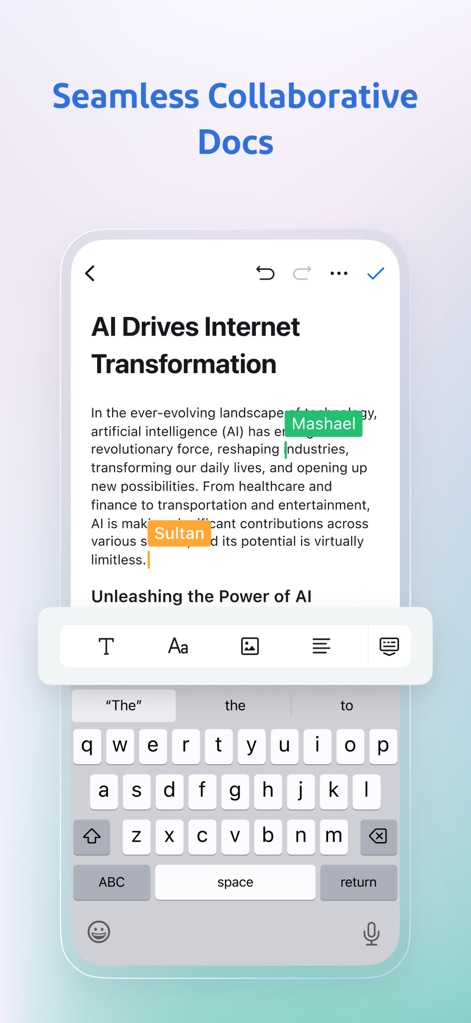 Beem: One Platform for Work - The app facilitates real-time collaborative document editing, displaying dynamic text content and simultaneous co-editing indicators for users such as Mashael and Sultan.