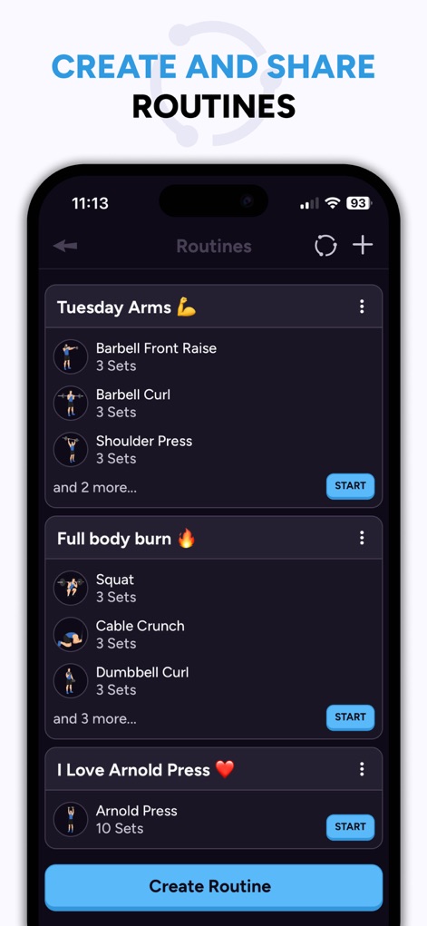 Liftoff - Ranked Gym Workouts - Les utilisateurs peuvent créer et organiser leurs "routines personnalisées" avec des listes d'exercices détaillées, et lancer une "séance d'entraînement" d'un simple toucher.