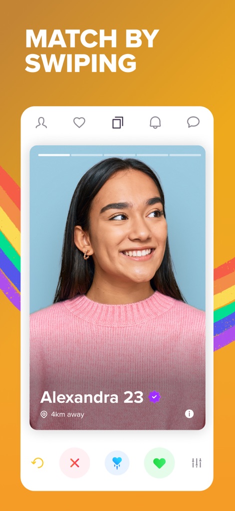 Zoe: Lesbian Dating & Chat - Users can intuitively 'MATCH BY SWIPING' through profiles, easily viewing a potential connection's age and proximity, such as 'Alexandra 23, 4km away'.