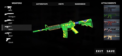 Invasão Elite - Los usuarios pueden adaptar sus armas con un diseño vibrante, como la M4A1 con camuflaje de la bandera brasileña, y explorar diversas opciones de accesorios para una personalización táctica.