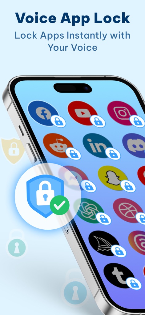 AI Voice Note Lock – App Lock - The app demonstrates how users can secure individual applications with visible locked app icons and an intuitive voice lock security feature.