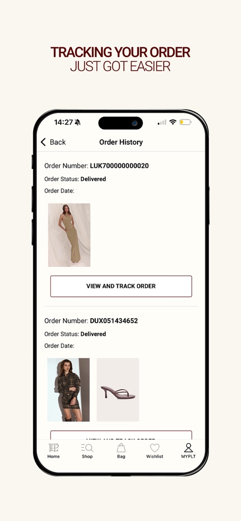 PrettyLittleThing - The app provides a clear order history, detailing individual product images and comprehensive status updates, allowing users to effortlessly monitor purchases.
