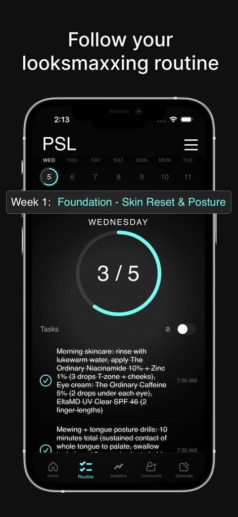 PSL - Looksmax & Ascend - The app presents a structured weekly calendar for routines, detailing specific 'Tasks' for 'Skin Reset & Posture' with comprehensive instructions on application and exercises.