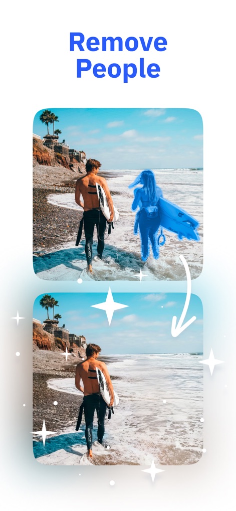 Photo Editor・Background Eraser - Questo strumento permette agli utenti di rimuovere facilmente elementi indesiderati, come illustrato dall'eliminazione di una persona evidenziata in blu, lasciando solo gli elementi desiderati nel fotogramma.