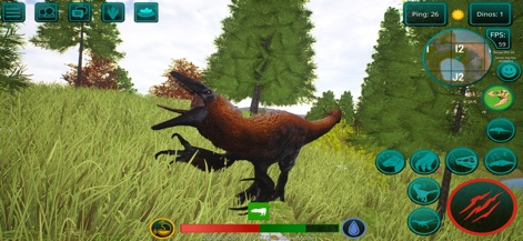 The Cursed Dinosaur Isle Games - This image highlights critical survival metrics such as the player's health, hunger, and thirst status bars, alongside a prominent combat ability meter for engaging encounters.