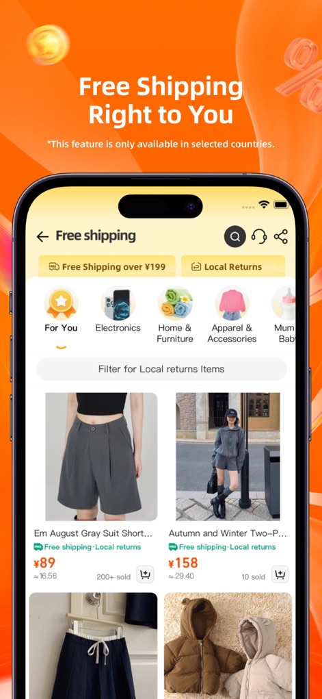 Taobao - Online Shopping App - The app highlights its 'Free Shipping over ¥199' benefit on product listings and offers a convenient filter for 'Local returns' items, streamlining the shopping experience.