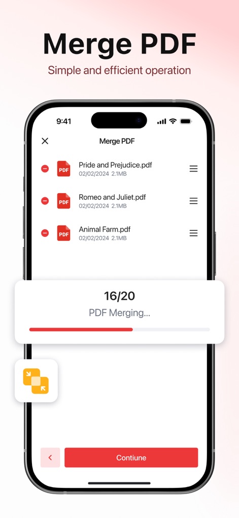 PDF Reader - Editor & Scanner - 複数のPDFファイルを一つにまとめる結合機能は、進捗状況を明確に表示し、効率的なドキュメント整理を実現します。