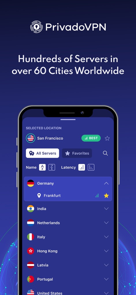 PrivadoVPN Fast VPN and Proxy - Uma extensa lista de servidores está disponível, permitindo aos usuários escolher entre opções como "Germany" e "Portugal", com indicadores visuais de "Latency" para otimizar a conexão.