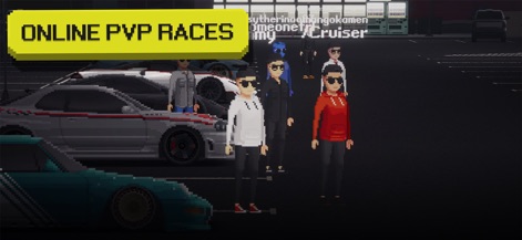 APEX Racer - 駐車場に集まった多様なアバターと、プレイヤーが所有するカスタマイズされた車を通して、ユーザーは他のプレイヤーと交流し、エキサイティングなオンラインPvPレースでの競争に参加できます。