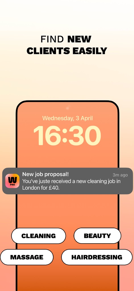 Self-employed jobs Wecasa Pro - O aplicativo notifica os profissionais sobre novas propostas de trabalho, como um "new cleaning job in London for £40", e oferece opções para explorar diferentes categorias de serviços como "Cleaning" e "Beauty".