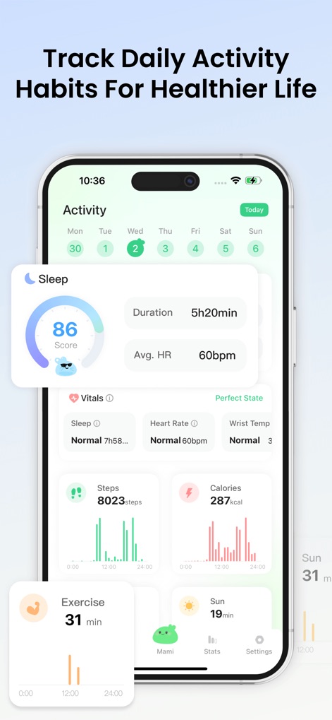 PulseBuddy AI: Stress Monitor - La aplicación registra "hábitos de actividad diaria" como el "Sleep Score" y el número de "Steps", ofreciendo una visión completa para una vida más saludable.