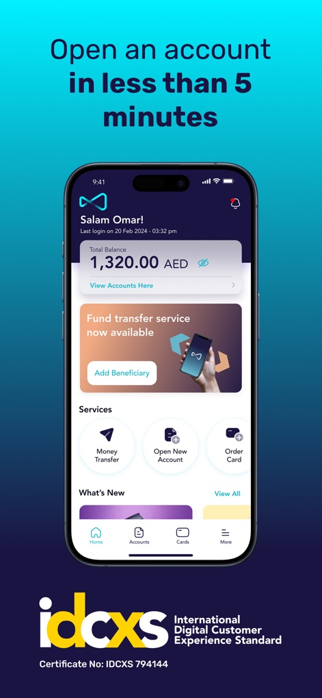Mbank UAE - See how the app displays a user's total balance and offers quick access to essential services like money transfer and account opening.