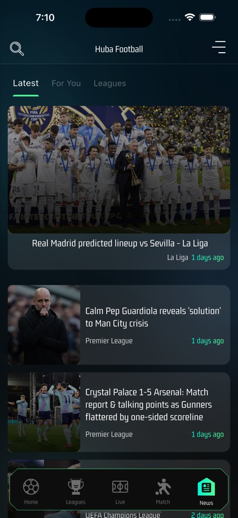 Huba Football - The app delivers a curated football news feed featuring prominent headlines with engaging images, organized by 'Latest' updates.