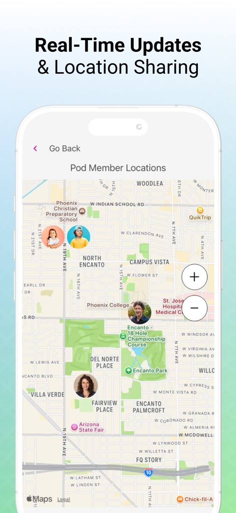 Podz: Family & Group Organizer - この画面では、メンバーの位置を示す地図上のアイコンが表示され、家族やグループの安全を確保します。ユーザーは現在地を安全に共有する機能により、緊急時や待ち合わせ時に役立ちます。