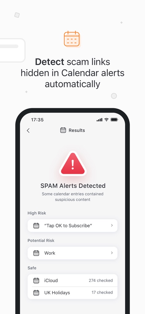 TotalAV - This screen displays the app's ability to detect "SPAM Alerts Detected" within calendar entries and categorize risks with "High Risk" notifications.