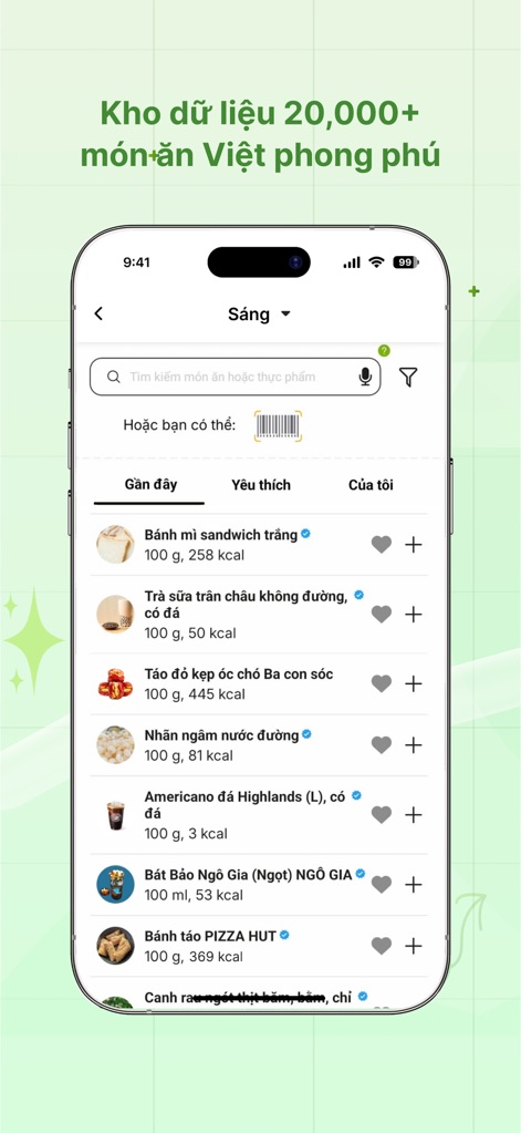 Caloer - Tính Calo & Giảm Cân - The app offers a robust search bar to quickly find food items and a comprehensive list of over 20,000 popular Vietnamese dishes for precise calorie tracking.
