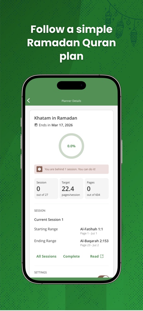 Al Quran (Tafsir & by Word) - Utilize the integrated "Khatam in Ramadan" planner to track progress with a clear percentage breakdown and session-based reading targets.
