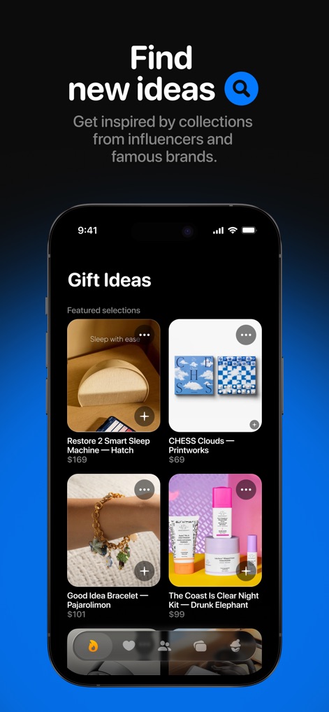 Ohmywishes: Wishlists & Gifts - Discover new "Gift Ideas" through curated selections and browse diverse product displays, complete with pricing details.