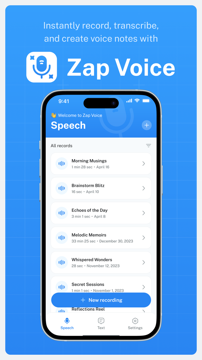 Zap Voice. Record  Transcribe