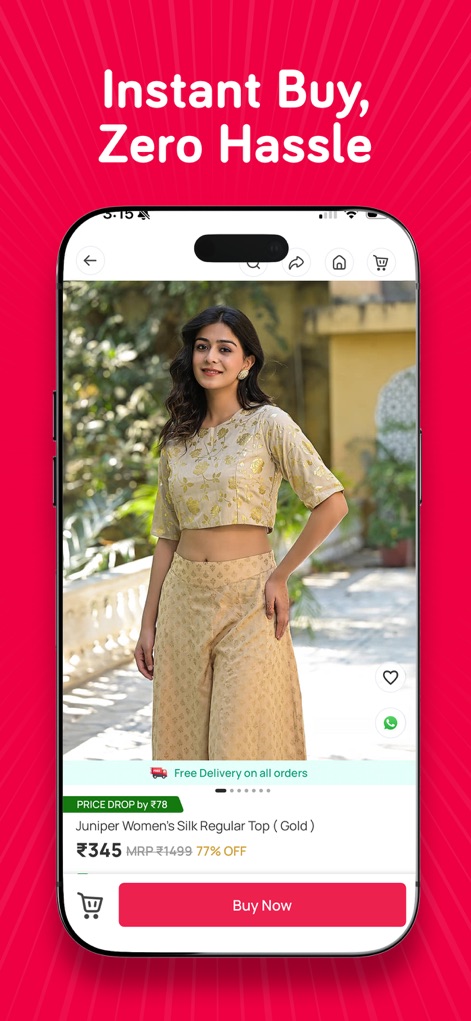 Snapdeal Trendy Budget Fashion - La page produit met clairement en avant le prix réduit et le pourcentage de remise (ex: 77% OFF), tandis que l'indication de la "Free Delivery on all orders" incite les utilisateurs à finaliser leurs achats.