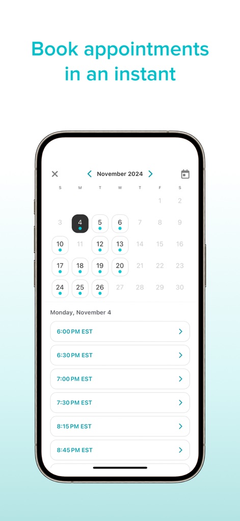 Jane for Clients - Users can swiftly book appointments through an intuitive calendar interface, viewing available dates and specific time slots.