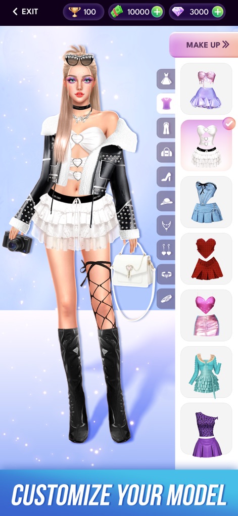 Fashion Glow: Model & Style - Users can customize their model's entire look, choosing from unique accessories like cameras and selecting from a variety of edgy and stylish tops.