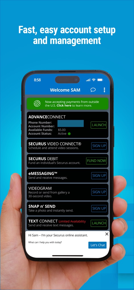 Securus Mobile - The app presents a centralized dashboard for account management, displaying a list of available services and quick access buttons for each feature.
